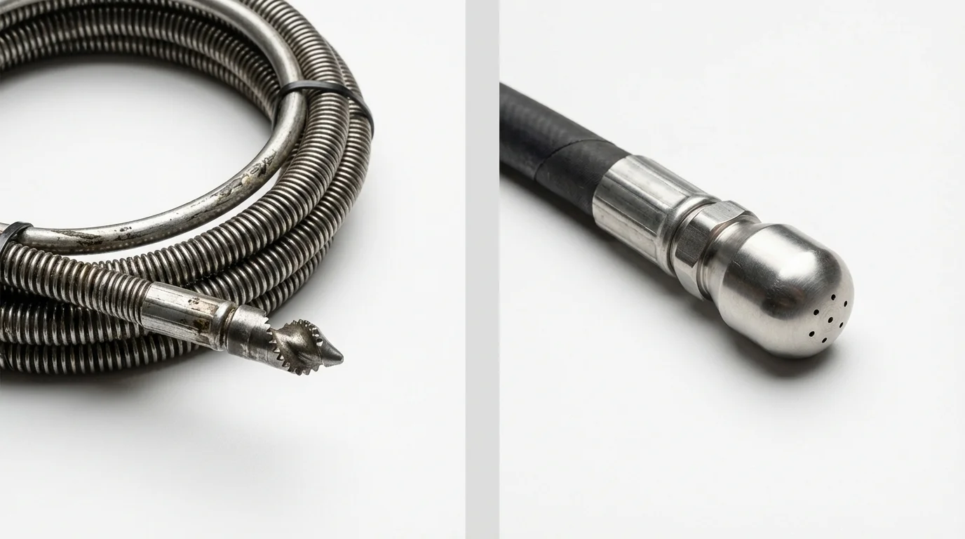 Drain snake cable and hydro jetting nozzle used for drain cleaning in Reno, OH