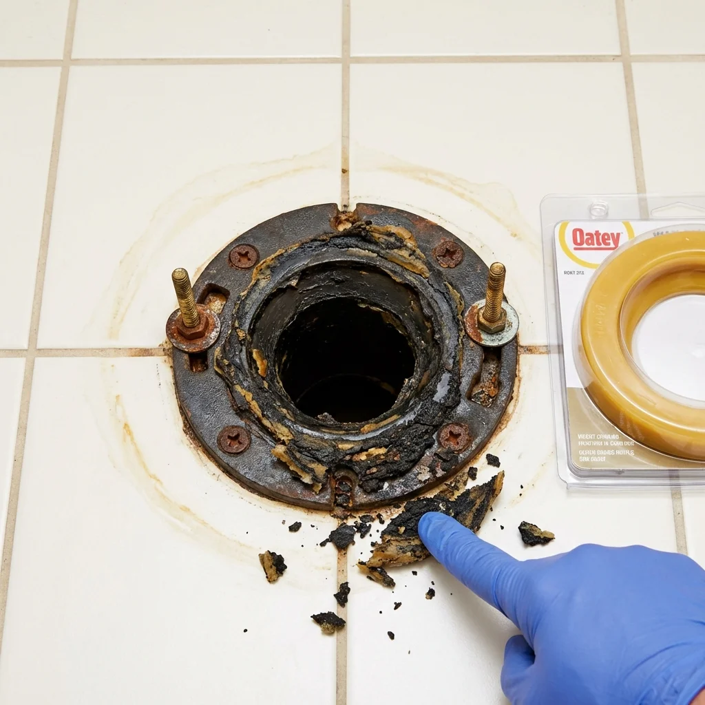 Failed wax ring showing water seepage at the base of a toilet in a Reno, OH home