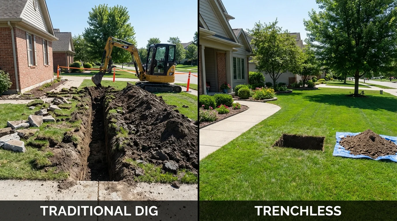 Trenchless sewer repair with minimal yard damage versus traditional excavation in Reno, OH