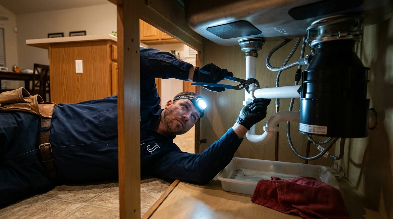 P-trap and supply line connections under a kitchen sink showing a common leak point in Reno, OH